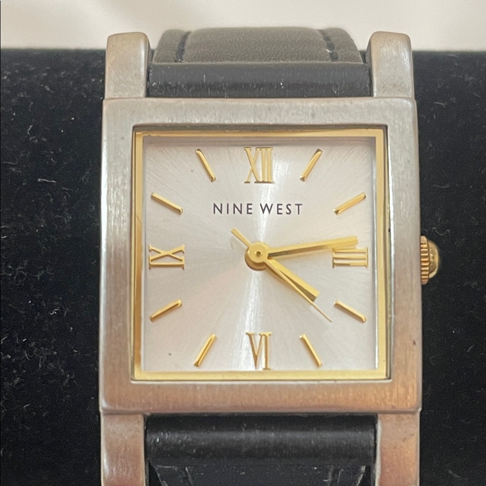 Nine West Silver and Gold-Tone Square Watch with Black adjustable Strap